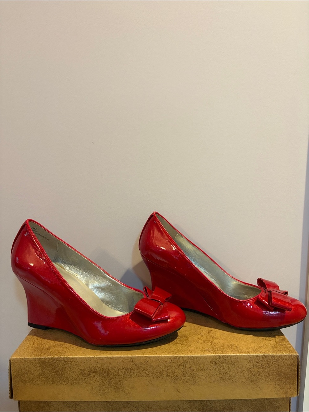 Me Too Red Patent Wedge Pumps with Decorative Bow
